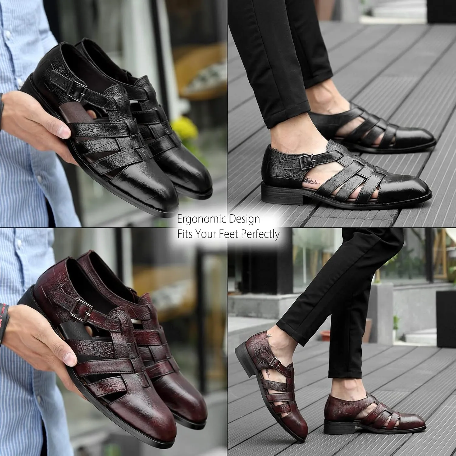 SOLPNOW Men's Cutout Leather Fisherman Sandals,Outdoor Adjustable Closed Toe Summer Leather Loafters Gladiator Sandals