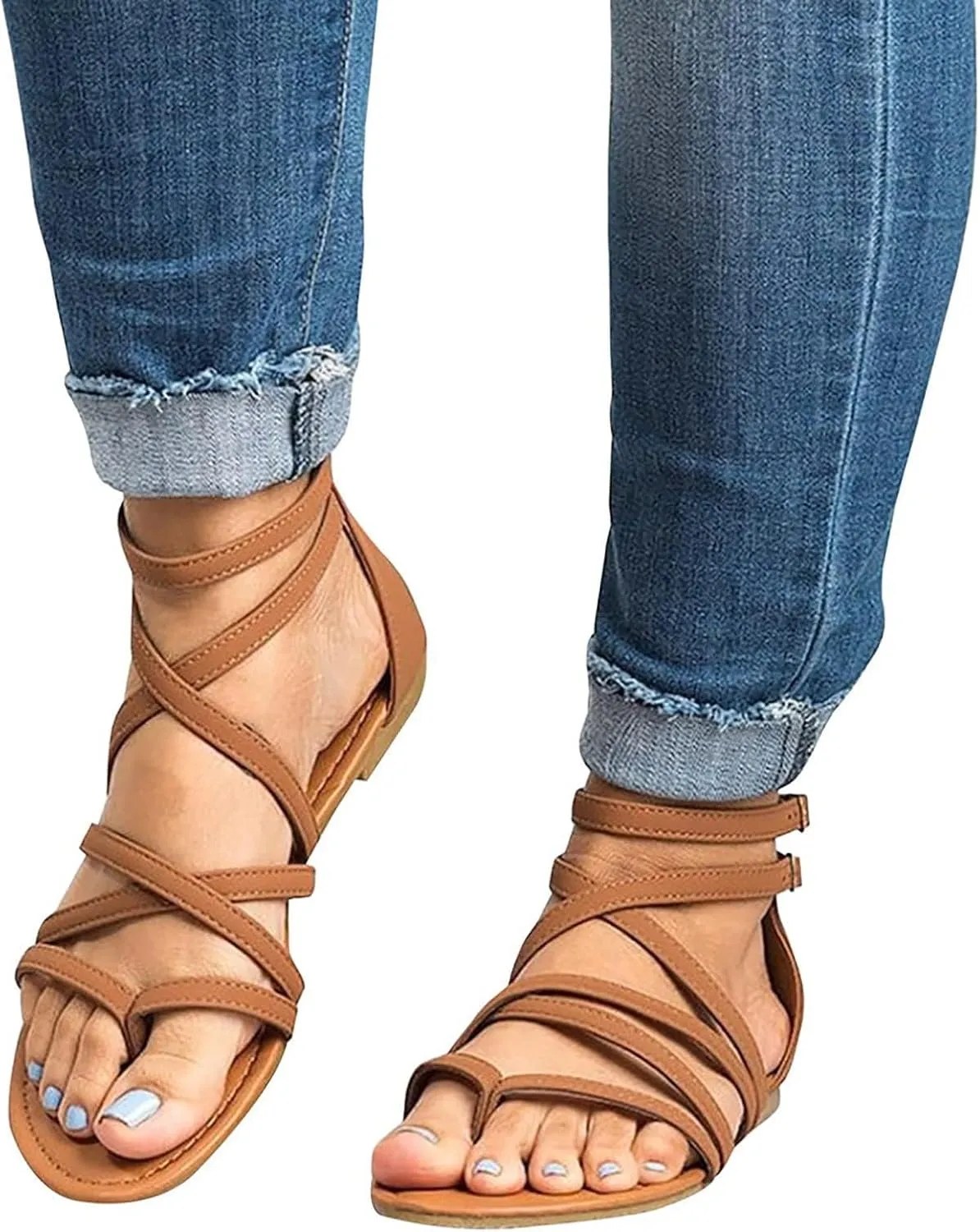 Strappy Sandals for Women Summer 2025 Summer Casual Flat Fisherman Sandals Fashion Cross Strappy Flat Sandal Beach Clip Toe Walking Flip Flops All Day Comfort