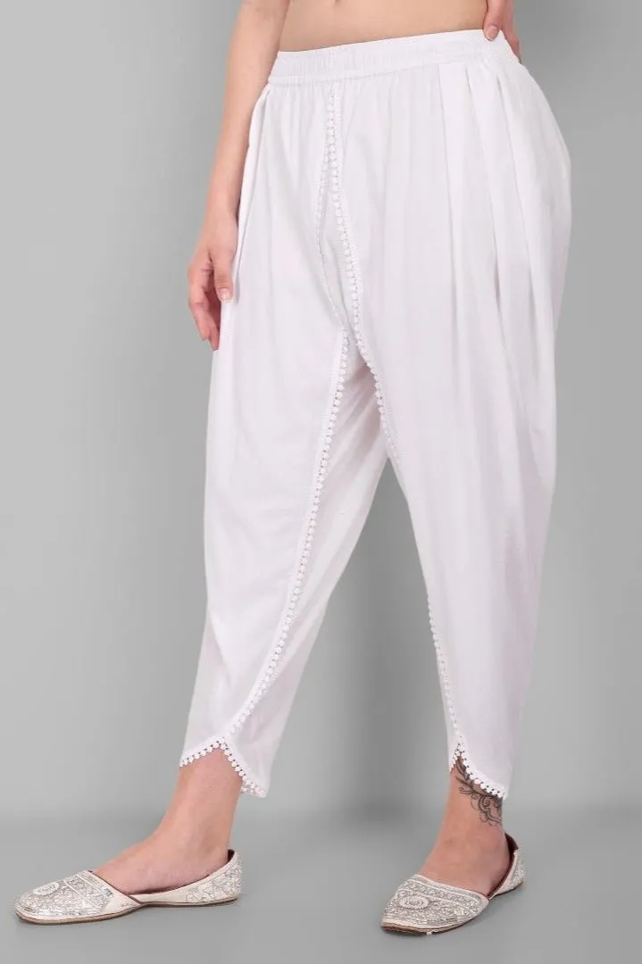 White Cotton Tulip Pant with Lace