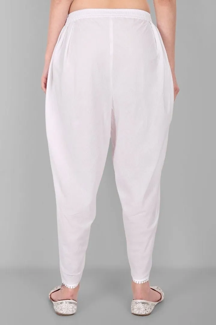 White Cotton Tulip Pant with Lace