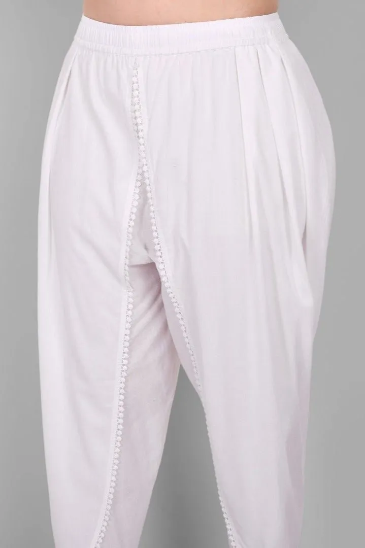White Cotton Tulip Pant with Lace