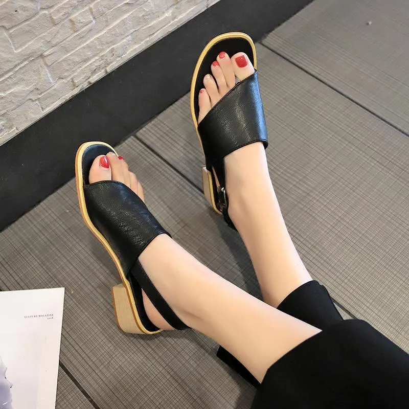 Women ankle strap slingback hollow clip toe chunky heel sandals