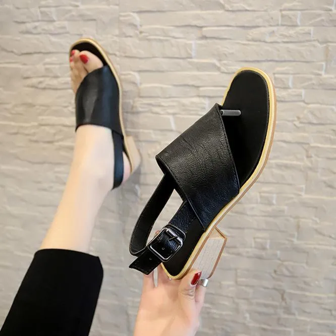 Women ankle strap slingback hollow clip toe chunky heel sandals