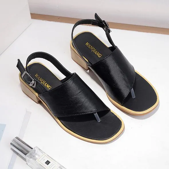 Women ankle strap slingback hollow clip toe chunky heel sandals
