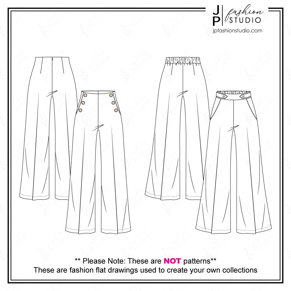 Women High Waist Pants Sketches (2 styles) / Fashion Technical drawings / Sailor Pant Fashion Flat Sketch / Wide Legs Pant