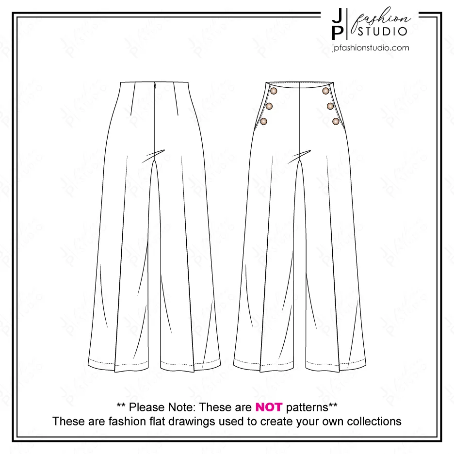 Women High Waist Pants Sketches (2 styles) / Fashion Technical drawings / Sailor Pant Fashion Flat Sketch / Wide Legs Pant