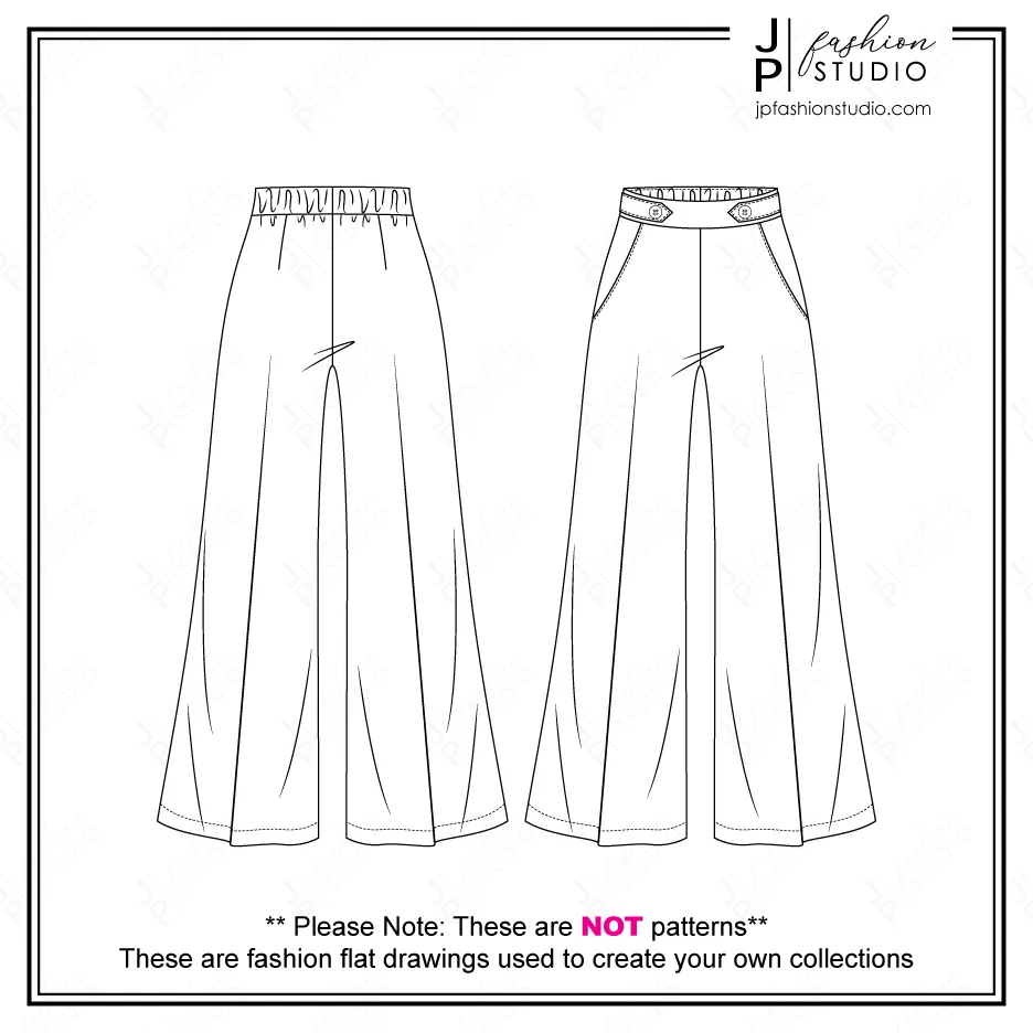 Women High Waist Pants Sketches (2 styles) / Fashion Technical drawings / Sailor Pant Fashion Flat Sketch / Wide Legs Pant