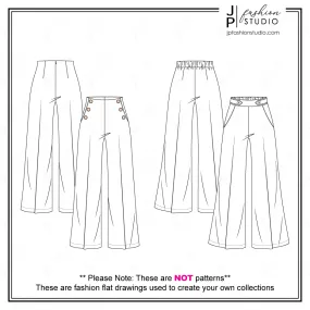 Women High Waist Pants Sketches (2 styles) / Fashion Technical drawings / Sailor Pant Fashion Flat Sketch / Wide Legs Pant