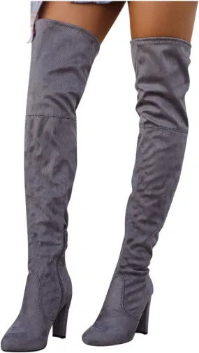 Women's Platform Thigh High Boots Over-The-Knee Stretch High Boots Knitted Leather Round Toe Chunky Over The Knee Boots (D-Grey, 10)