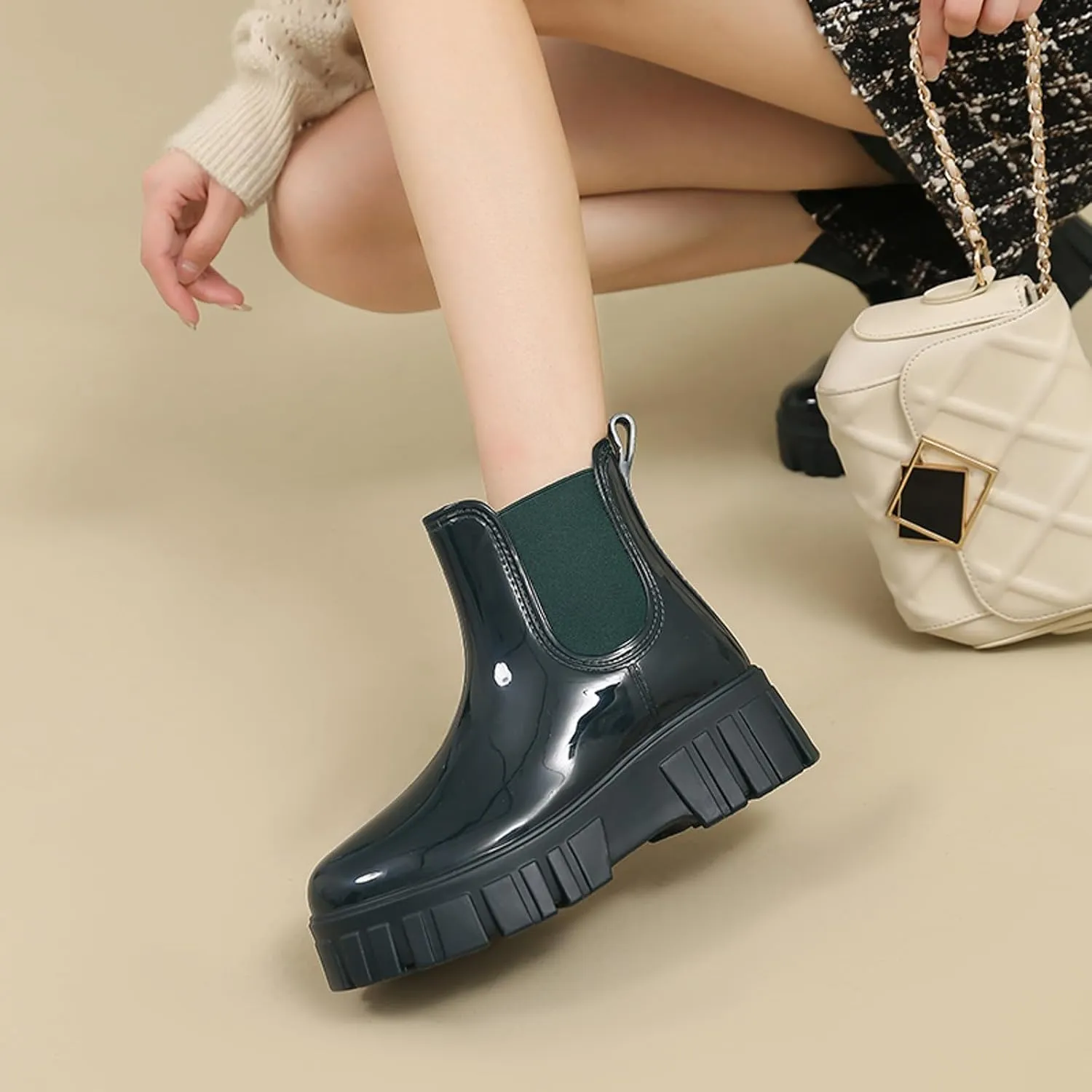 Womens Rain Boots Womens Rubber Boots for Boating Fishing Gardening Farming Mid Calf Stylish Rain Shoes