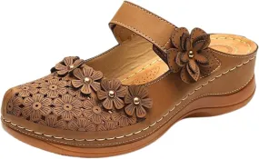 Womens Wedge Mules Comfortable Slip On for Summer Dressy or Casual Use PU Leather Closed Toe with Adjustable Hook Loop