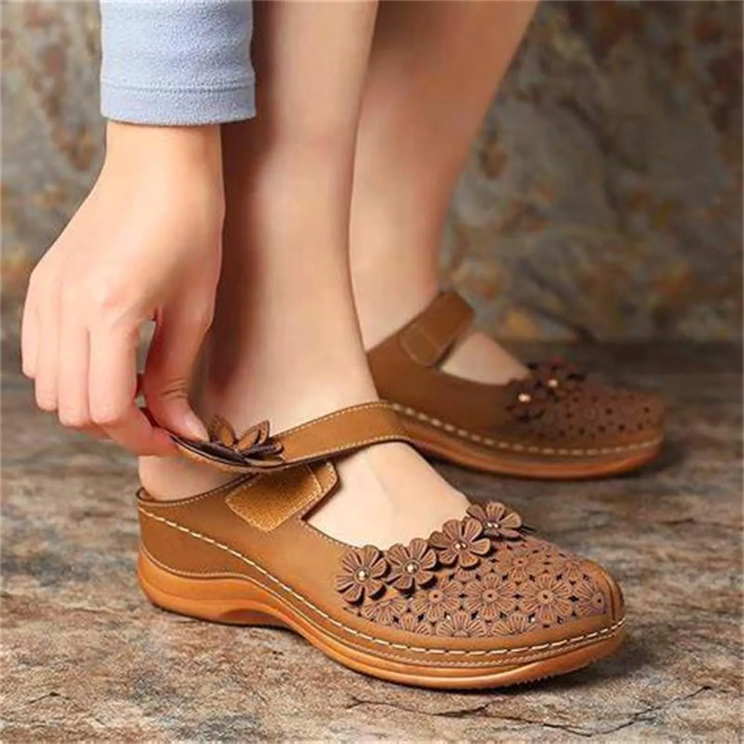 Womens Wedge Mules Comfortable Slip On for Summer Dressy or Casual Use PU Leather Closed Toe with Adjustable Hook Loop