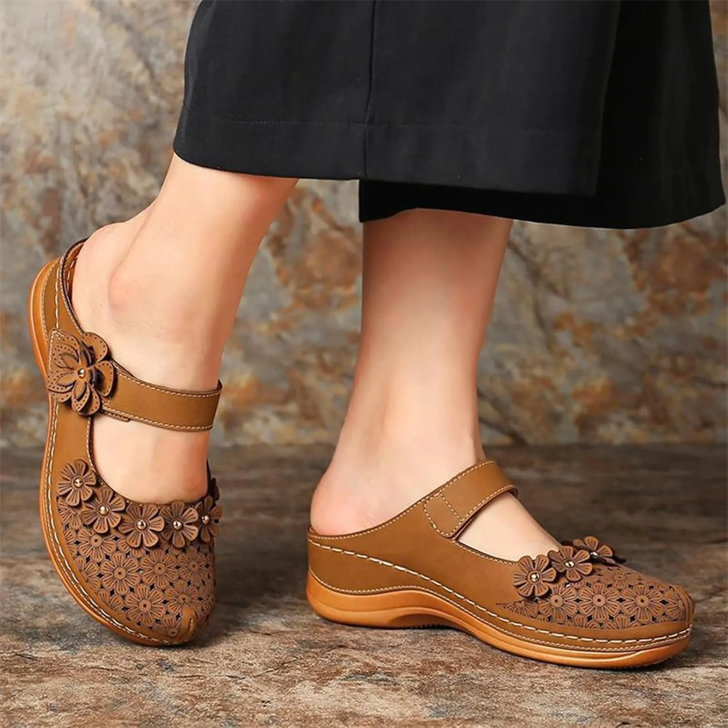 Womens Wedge Mules Comfortable Slip On for Summer Dressy or Casual Use PU Leather Closed Toe with Adjustable Hook Loop