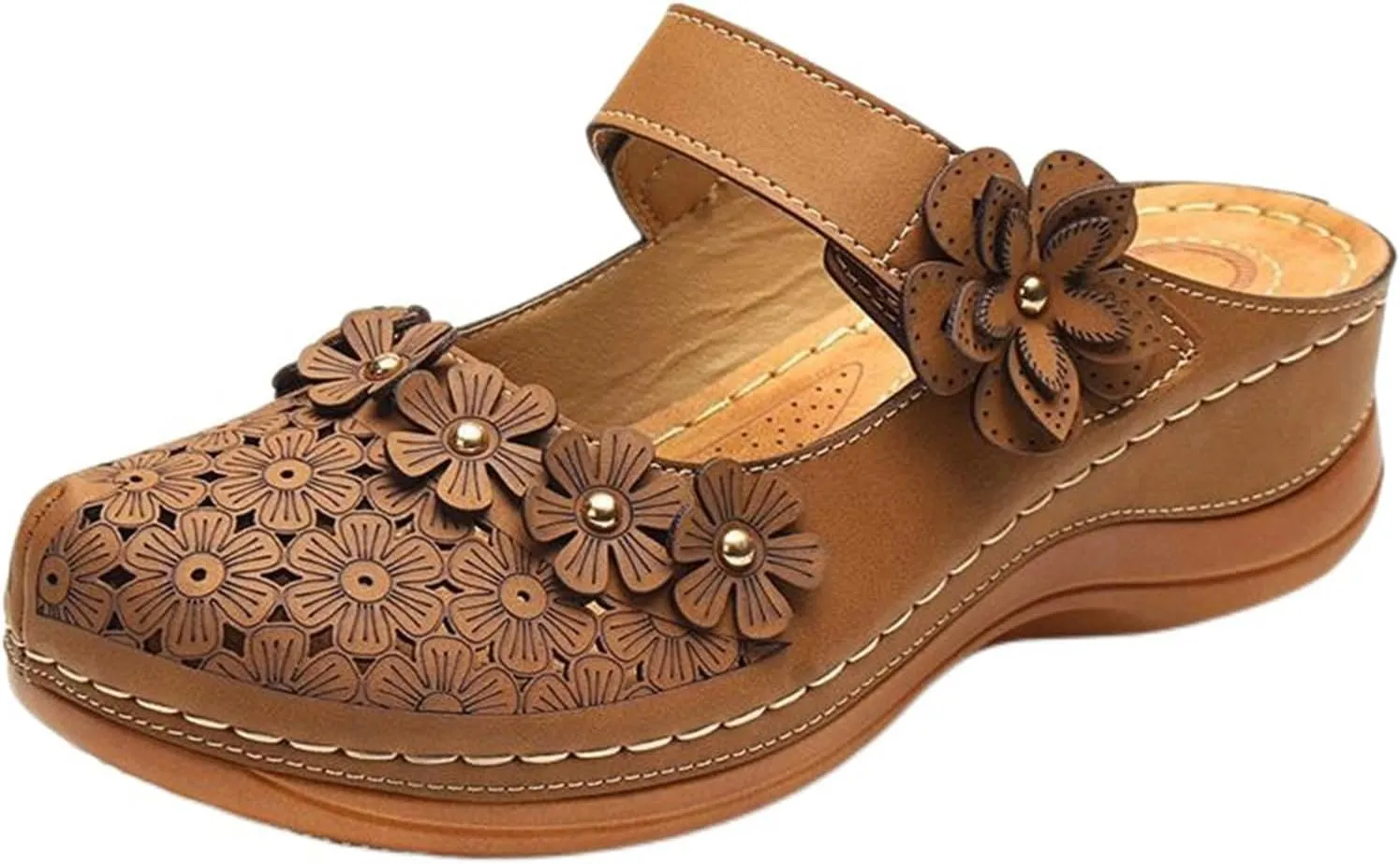 Womens Wedge Mules Comfortable Slip On for Summer Dressy or Casual Use PU Leather Closed Toe with Adjustable Hook Loop