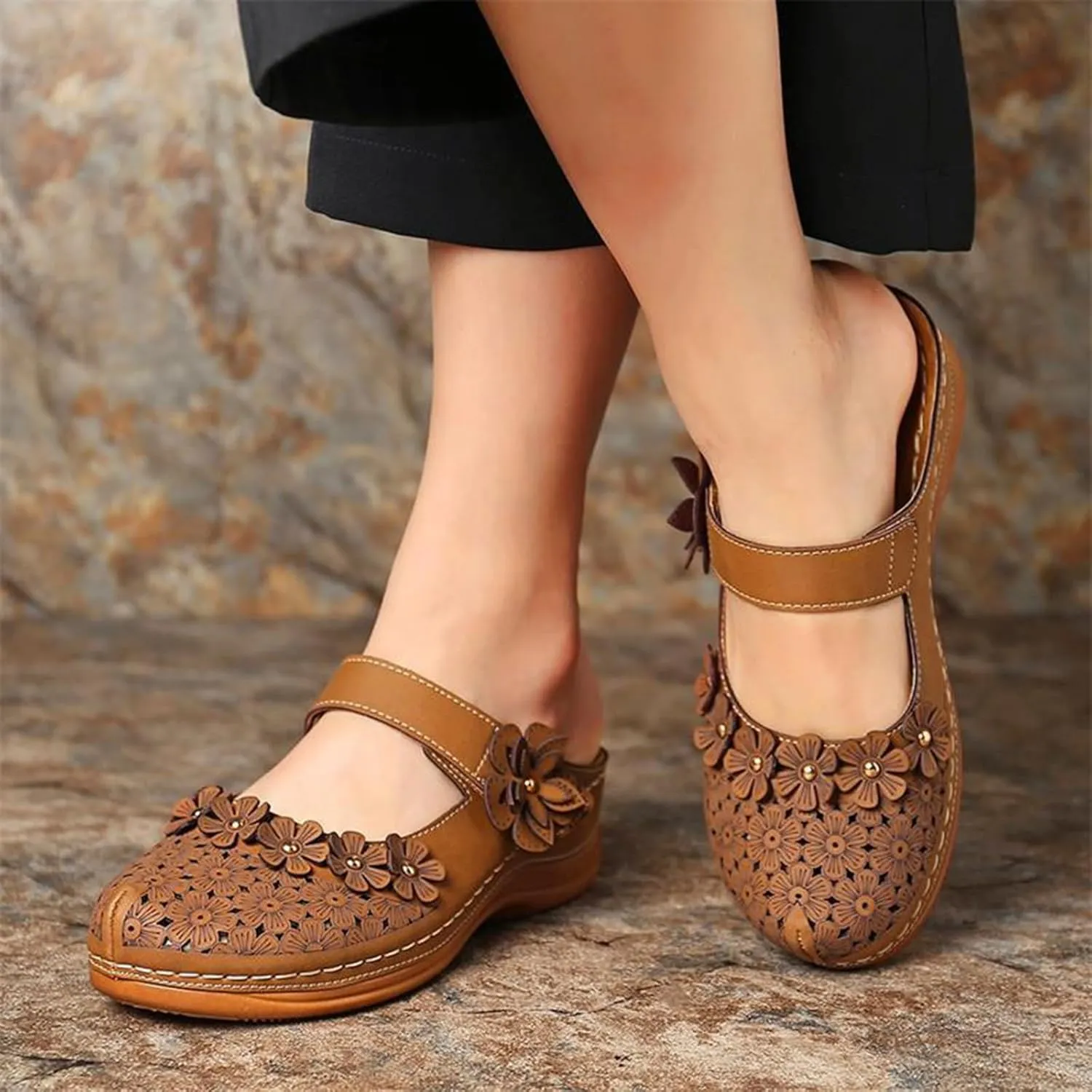 Womens Wedge Mules Comfortable Slip On for Summer Dressy or Casual Use PU Leather Closed Toe with Adjustable Hook Loop